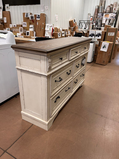 Signature Design by Ashley Realyn French Country 7 Drawer Two Tone Dresser, Chipped White and Realyn French Country 3 Drawer Nightstand with Electrical Outlets & USB Ports, Chipped White!