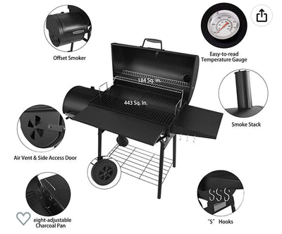 Royal Gourmet CC1830SC Charcoal Grill Offset Smoker with Cover, 811 Square Inches, Black, Outdoor Camping- new in box