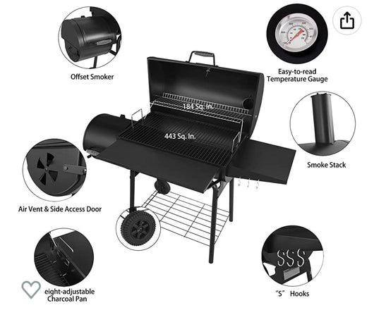 Royal Gourmet CC1830SC Charcoal Grill Offset Smoker with Cover, 811 Square Inches, Black, Outdoor Camping- new in box