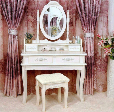 White Vanity Jewelry Makeup Dressing Table Set W/Stool 4 Drawer Mirror Wood Desk- NEW IN BOX!!!!