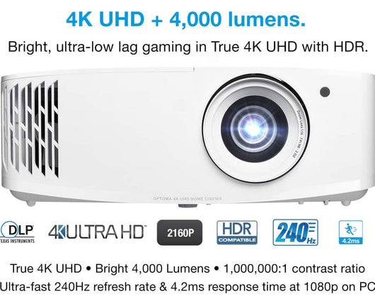 Optoma Bright, True 4K UHD Gaming Projector, 4000 Lumens, 4.2ms Response Time at 1080p with Enhanced Gaming Mode, Lowest Input Lag on 4K Projector(60hz Rr) ,240Hz Refresh Rate (1080P) HDR10 & HLG!! NEW IN BOX, MISSING REMOTE(CAN CHEAPLY BE REPLACED)!!