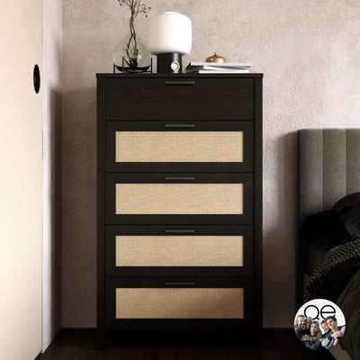 Queer Eye Wimberly 5 Drawer Dresser, Black Oak with Faux Rattan**New in box**