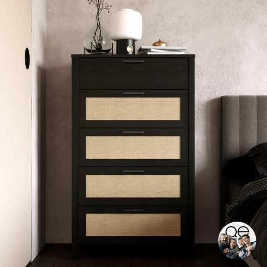 Queer Eye Wimberly 5 Drawer Dresser, Black Oak with Faux Rattan**New in box**