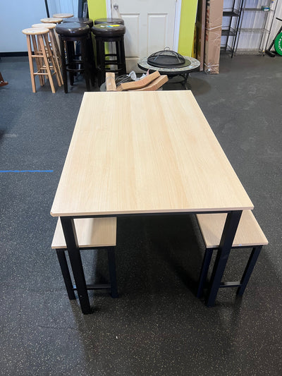 AWQM Dining Table Set for 4, Kitchen Table Set with 2 Benches, 47.2Inch 3-Piece Dining Room Table Set with Metal Frame and MDF Board, Sturdy Structure, Space-Saving, Oak- NEW AND ASSEMBLED!!! (One corner has minor chipped from shipping)