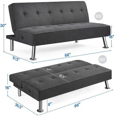 Yaheetech Modern Convertible Futon Sofa Bed w/ 2 Integrated USB Charging Ports Fabric Loveseat Couch Metal Legs, 3 Angles Adjustable Back for Compact Living Space, Apartment, Dorm, Bonus Room Gray**New in Box**