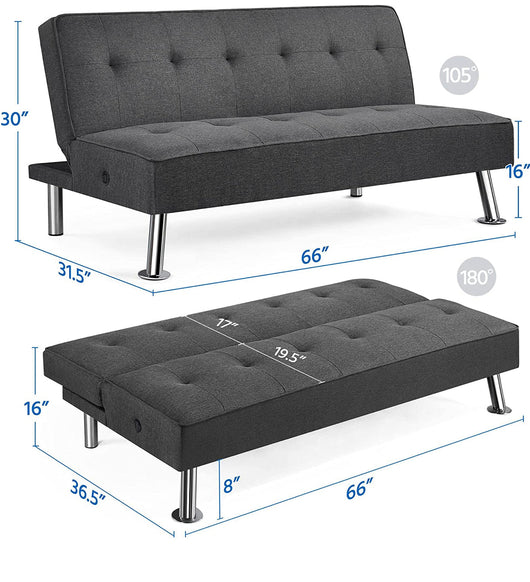 Yaheetech Modern Convertible Futon Sofa Bed w/ 2 Integrated USB Charging Ports Fabric Loveseat Couch Metal Legs, 3 Angles Adjustable Back for Compact Living Space, Apartment, Dorm, Bonus Room Gray**New in Box**