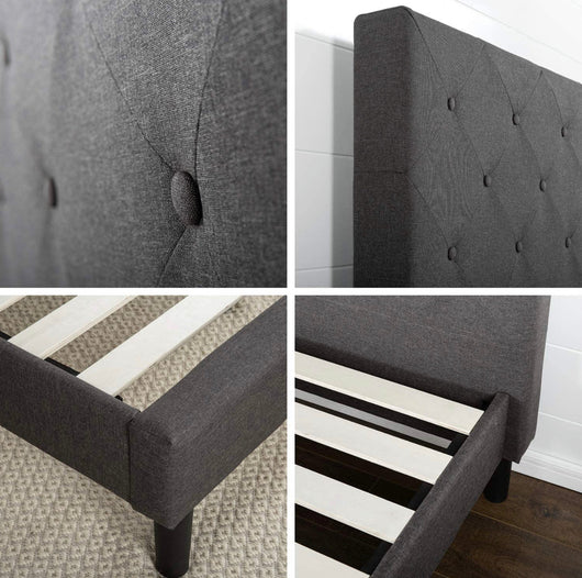 Zinus Diamond platform, upholstered bed with embroidered wooden slat back, individual, Wood, Brown, King!  -Brand new in the box
