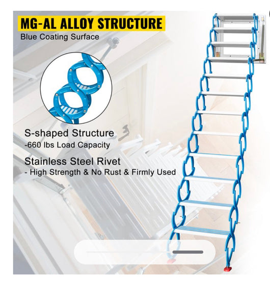 !!!REDUCED!!! Vevor Attic Steps Pull Down 12 Steps Attic Stairs, Alloy Attic Access Ladder, Blue Pulldown Attic Stairs, Wall-mounted Folding Stairs For Attic, Retractable Attic Ladder With Armrests, 9.8 Feet Height- new !