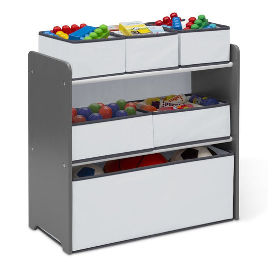 Delta Children 4-Piece Toddler Playroom Set – Includes Play Table with Dry Erase Tabletop and 6 Bin Toy Organizer with Reusable Vinyl Cling Stickers, Grey/White- new in box - slight shipping damage- please see pics