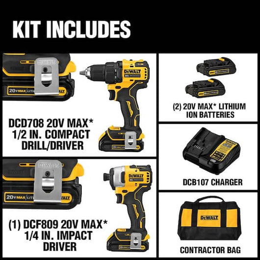 20-Volt MAX Cordless Brushless Compact Drill/Impact Combo Kit (2-Tool) with (2) 1.3Ah Batteries, Charger & Bag- brand new