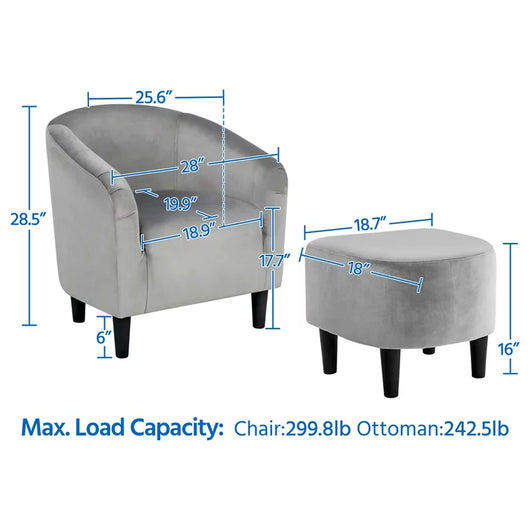Yaheetech Upholstered Barrel Velvet Club Chair and Ottoman Set Accent Arm Chair Set for Bedroom Living Room Guestroom Gray**New and assembled**