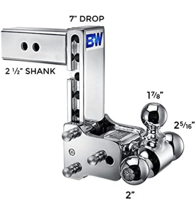 B&W Trailer Hitches Chrome Tow & Stow - Fits 2.5" Receiver, Tri-Ball (1-7/8" x 2" x 2-5/16"), 7" Drop, 14,500 GTW - TS20049C- NEW OUT OF BOX!!!