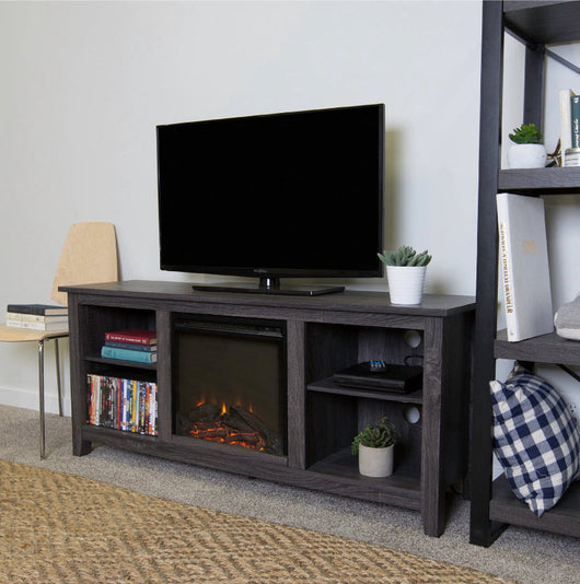 Walker Edison Charcoal Wood Fireplace Tv Stand, For TV’S Up Too 60”, Black!! NEW IN BOX!!