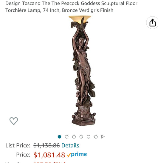 Design Toscano The The Peacock Goddess Sculptural Floor Torchière Lamp, 74 Inch, Bronze Verdigris Finish- BRAND NEW - SHIPPING DAMAGES - SEE PICS PLEASE