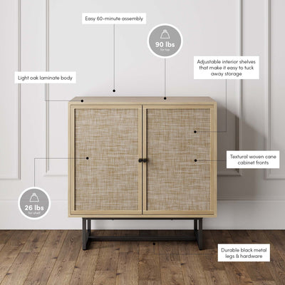 Nathan James Kova Accent Natural Storage Cabinet Sideboard Wood and Rattan with Matte Metal Frame, Adjustable Interior Shelves and Cane Doors, for Hallway, Entryway or Living Room, Light Oak/Black**New in box**