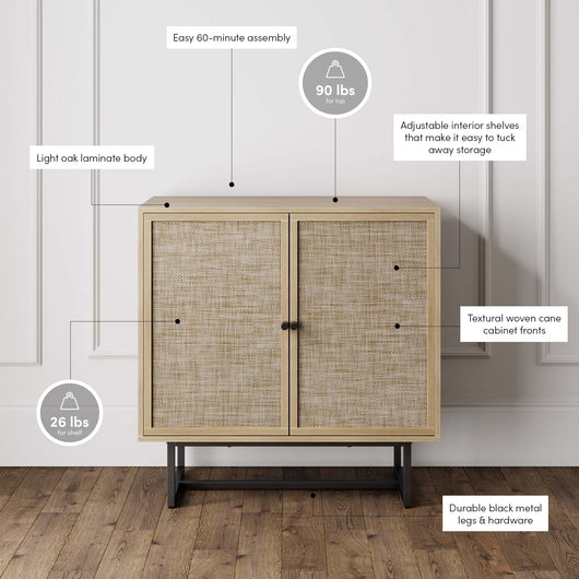 Nathan James Kova Accent Natural Storage Cabinet Sideboard Wood and Rattan with Matte Metal Frame, Adjustable Interior Shelves and Cane Doors, for Hallway, Entryway or Living Room, Light Oak/Black**New in box**