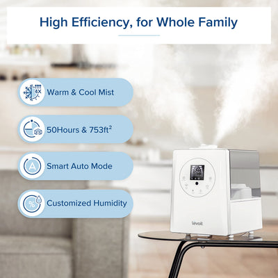 LEVOIT Humidifiers for Bedroom Large Room Home, 6L Warm and Cool Mist Ultrasonic Air Vaporizer for Plants and Whole House, Built-in Humidity Sensor, Essential Oil Diffuser, Whisper Quiet, Timer, White**New in box**