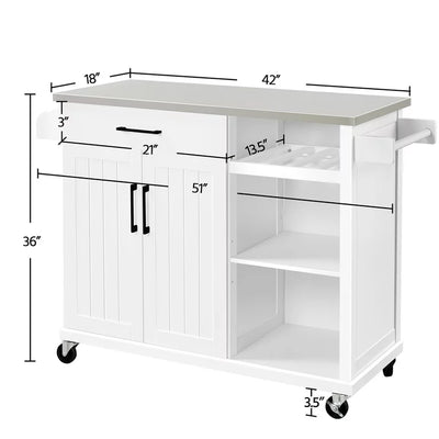 Yaheetech Kitchen Island Cart with Stainless Steel Top & Storage, Kitchen Island on Wheels with Drawer & Open Shelves,White**New in box**