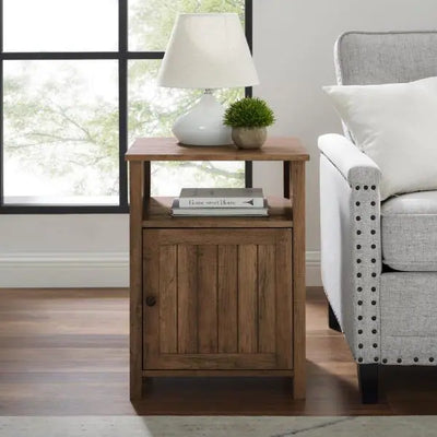 Welwick Designs Reclaimed Barnwood Modern End Table With Open Shelf and 1-Door!  -Brand new in the box