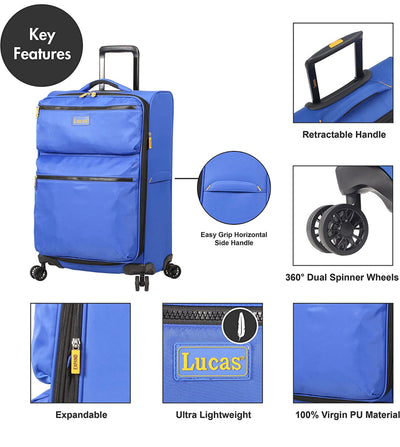 Lucas Designer Luggage Collection - 3 Piece Softside Expandable Ultra Lightweight Spinner Suitcase Set - Travel Set includes 20 Inch Carry On, 24 Inch & 28 Inch Checked Suitcases (Royal Blue)-