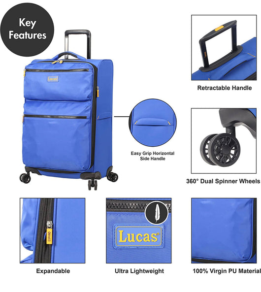 Lucas Designer Luggage Collection - 3 Piece Softside Expandable Ultra Lightweight Spinner Suitcase Set - Travel Set includes 20 Inch Carry On, 24 Inch & 28 Inch Checked Suitcases (Royal Blue)-