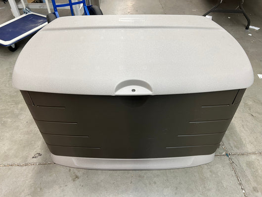 Rubbermaid Outdoor Large Deck Box with Seat, Green, 73 Gallon- NEW AND ASSEMBLED, MINOR SHIPPING DAMAGE (PHOTOS SHOWN)!!