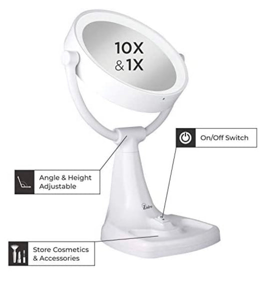 Zadro Max Bright Sunlight Dual Sided Vanity Mirror, White, 10X/1X Magnification**New in Box**