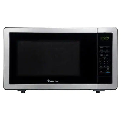 Magic Chef 1.1 cu. ft. Countertop Microwave in Stainless Steel with Gray Cavity**New,cracked ring but works completely fine**