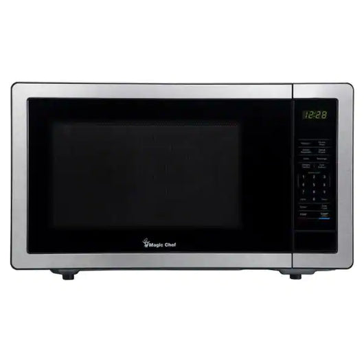 Magic Chef 1.1 cu. ft. Countertop Microwave in Stainless Steel with Gray Cavity**New,cracked ring but works completely fine**