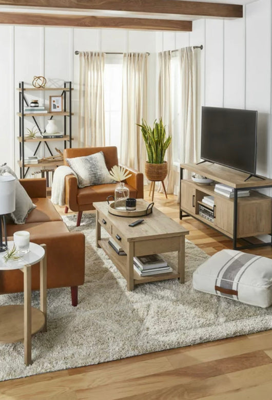 Better Homes & Gardens Jace Industrial Wood Rectangle Media Console for TVs up to 55 in, Natural Oak- NEW IN BOX!!!